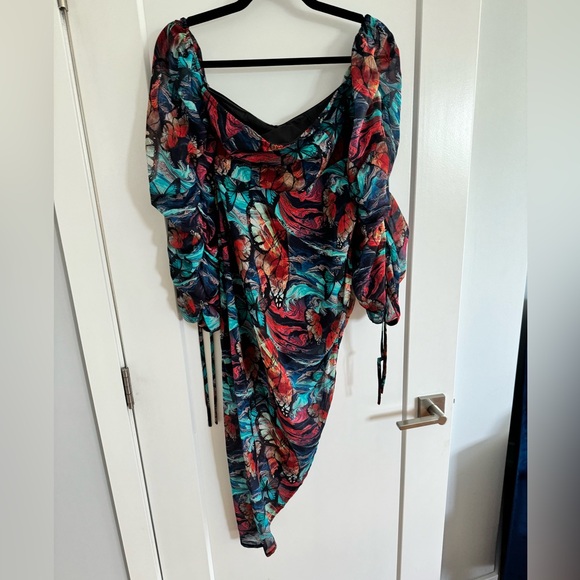 Shape Multi Butterfly Print Bardot Ruched Sleeve Asymmetric Dress - Picture 4 of 7